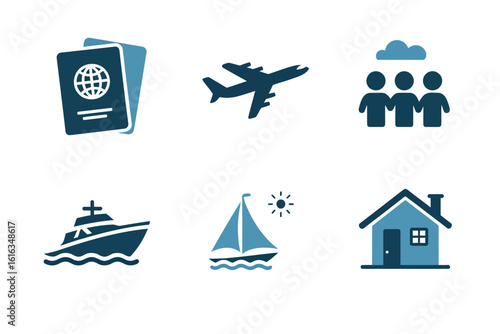 Illustration showing passport airplane group yacht sailboat house travel vacation and tourism theme icons