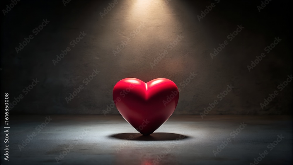 Fototapeta premium A single red heart is illuminated by a spotlight against a dark background, symbolizing love and passion