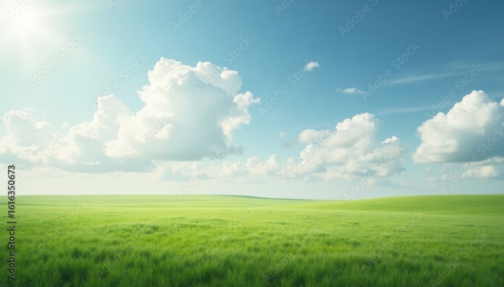 Obraz premium Expansive Green Field Under Bright Blue Sky with Fluffy Clouds