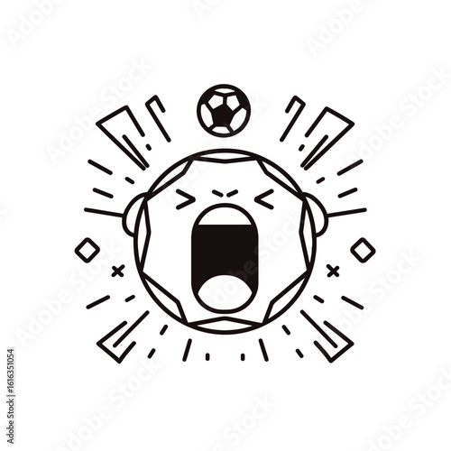 An illustration depicts a soccer ball yelling with lines on white background.