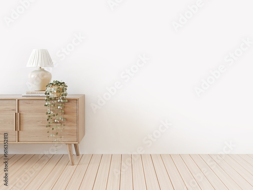 Home interior mockup with wooden commode, lamp, plants and pile of books on empty white wall background. 3d rendering.