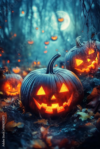 Pumpkins Glow in the Eerie Moonlight of a Haunted Forest on Halloween Night.