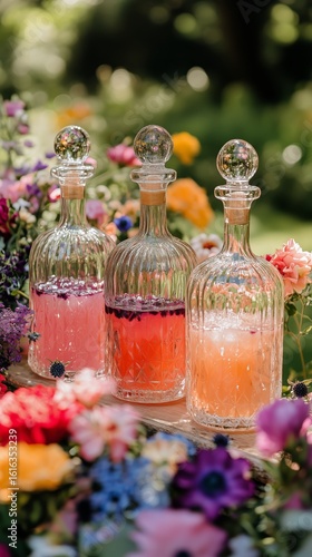 Refreshing Floral Beverages Displayed Among Vibrant Garden Blooms at Sunset.