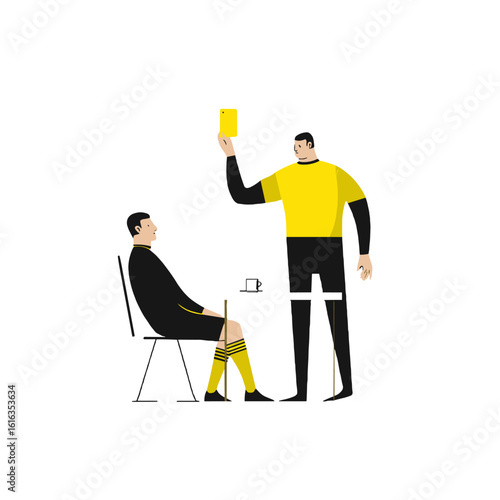 Soccer player receiving a yellow card from referee during match.