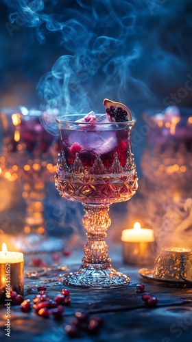 Vibrant Pomegranate Cocktail With Smoke and Soft Candlelight Ambiance for Fes...