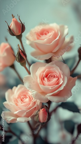 Soft Pink Roses in Full Bloom With Delicate Buds and Lush Green Leaves During...