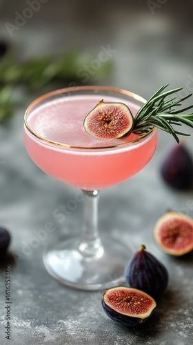 Refreshing Cocktail With Fig Garnish Served in Elegant Glass on a Marble Surface