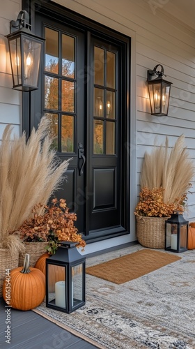 Beautiful Autumn Porch Decor With Pumpkins Lanterns and Pampas Grass Near a B...