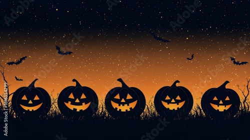 Halloween Pumpkins With Spooky Faces Glowing Under an Orange Sky at Dusk.