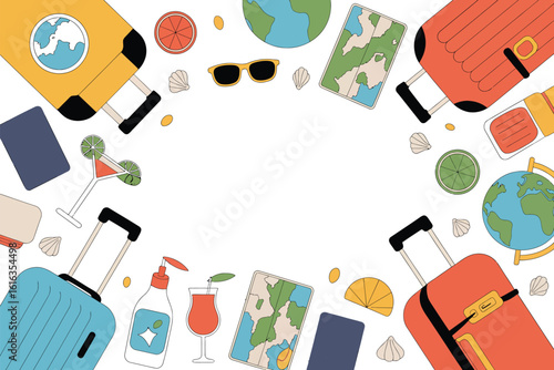 A colorful travel themed background with suitcases globes maps and summer vacation essentials arranged around