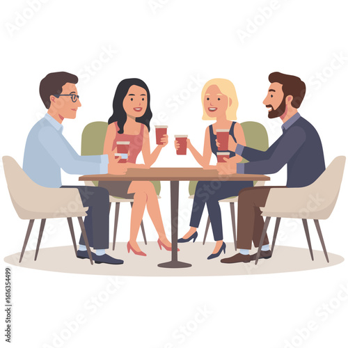 Four people sitting at a table raising their drinks in a toast at an outdoor cafe or restaurant scene
