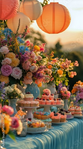 Celebration With Colorful Lanterns and Vibrant Floral Arrangements at a Joyfu...