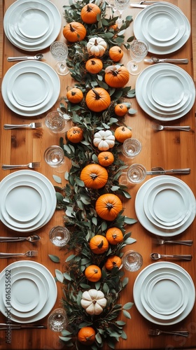 Autumn Table Setting With Pumpkins and Greenery for a Festive Gathering