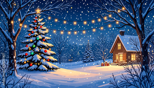 Winter wonderland with a decorated tree and cozy cabin at night