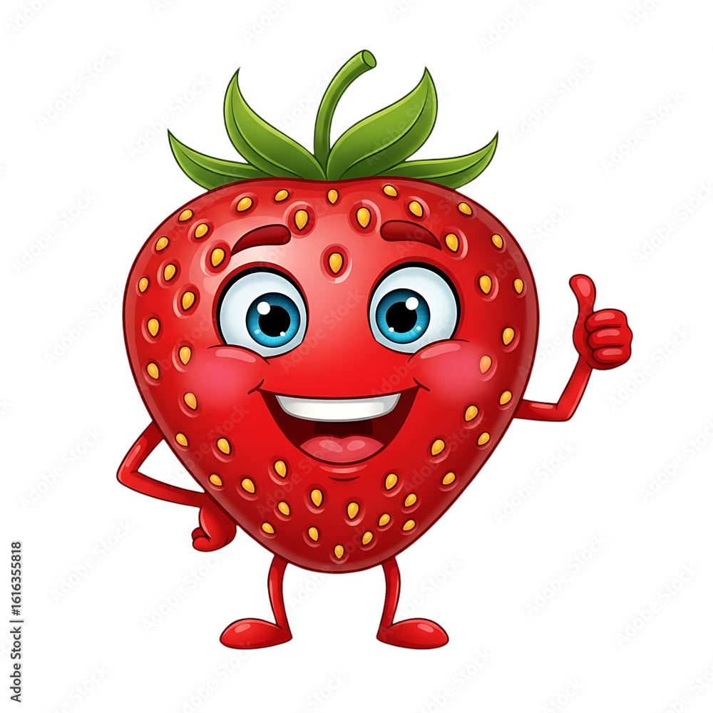 Obraz premium Happy cartoon strawberry character giving a thumbs up gesture isolated on transparent background