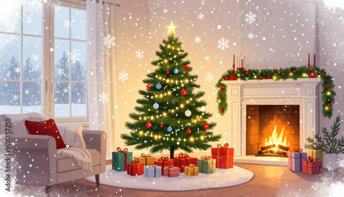 Cozy indoor Christmas decorations with a beautifully lit tree and fireplace