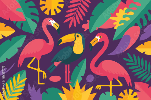 Illustration of two flamingos and a toucan amidst vibrant tropical foliage on a purple background