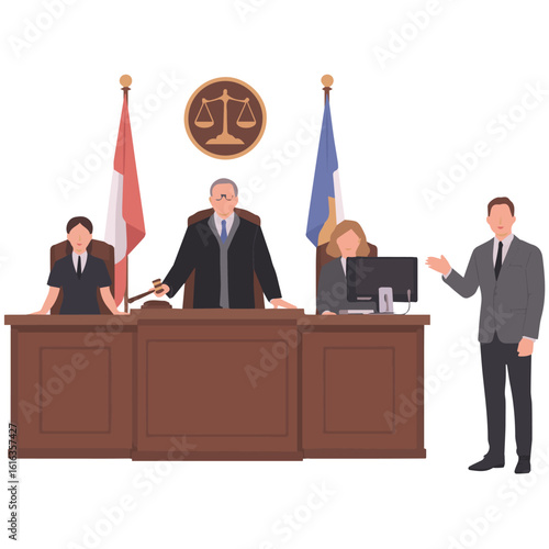 Illustration of a courtroom scene with a judge two clerks a lawyer and flags in the background