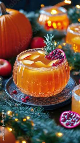 Festive Autumn Punch Bowl With Fresh Fruits and Garnishes for Seasonal Gather...