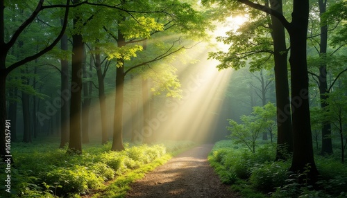 Serene Forest Scene with Sunlight Filtering Through Green Leaves