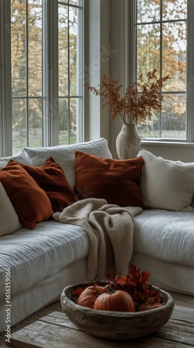 Cozy Autumn Living Room With Warm Colors and Seasonal Decorations in a Bright...