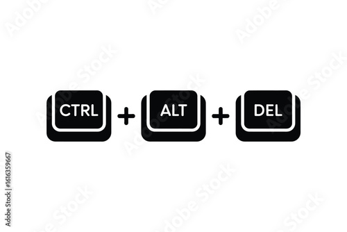 An illustration showing the ctrl alt del keyboard command in black and white computer keys on a white background