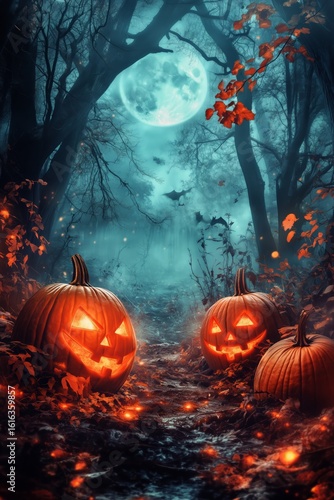 Halloween Pumpkins Glowing in a Spooky Forest at Night Under a Full Moon.