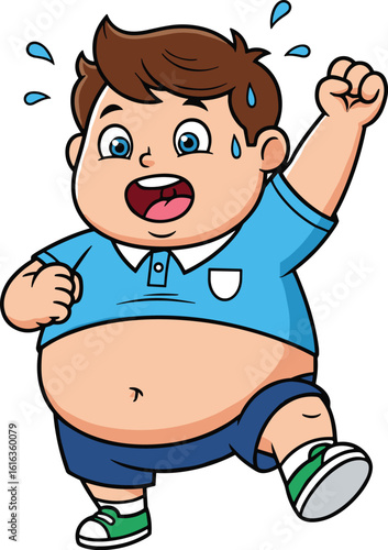 Cartoon boy, chubby and sweating, running fast, blue shirt, shorts, fitness activity, childhood obesity, healthy lifestyle, exercise, vector illustration, white background