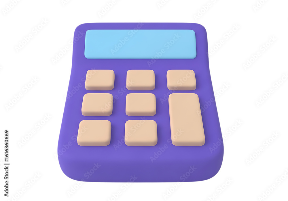 Purple calculator with a blue screen and yellow buttons isolated on transparent background Purple calculator with a blue screen and yellow buttons isolated on transparent background