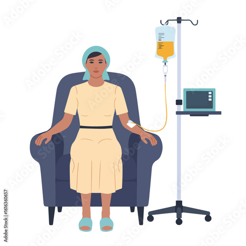 Woman receiving intravenous therapy sitting in a chair with an iv drip and monitor in a hospital room