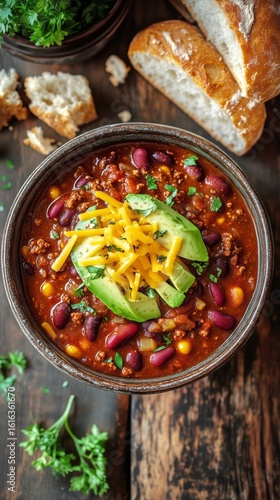Hearty Chili Topped With Avocado and Cheese Served With Crusty Bread on a Rus...