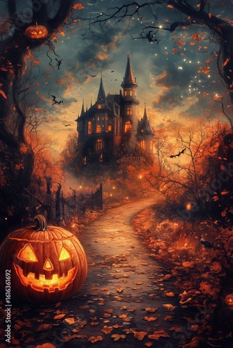Spooky Halloween Night With a Haunted House and a Carved Pumpkin on a Winding...