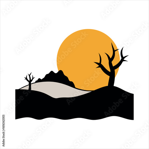 Thorny Bush on Desert Plateau Framed by Large Setting Sun silhouette Art Vector illustration