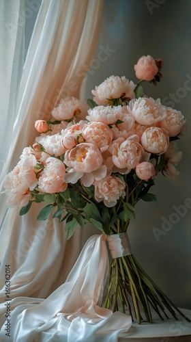 Beautiful Bouquet of Pink Peonies Adorned With Soft Fabric in a Serene Indoor...