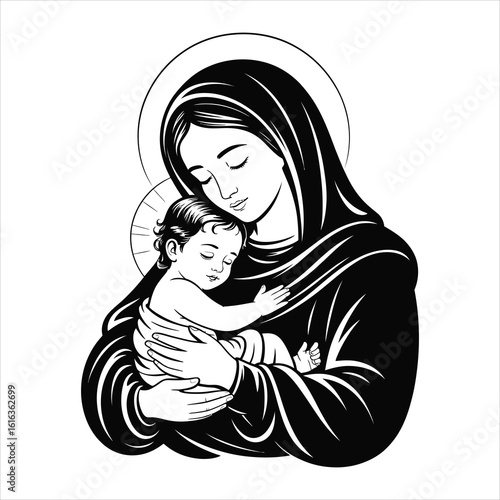 Madonna and child embracing tenderly with halo and dark robes