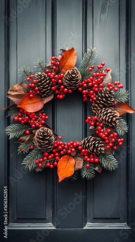Festive Wreath Adorned With Pinecones and Berries Hangs on a Dark Door During...