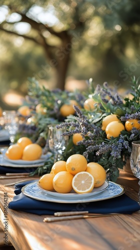 Creative Outdoor Table Setting With Lemons and Lavender in Sunny Garden Durin...