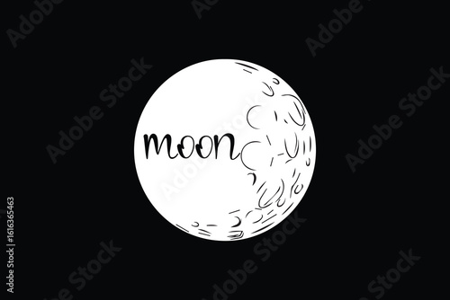 The word moon is written on a stylized drawing of the moon against a black backdrop