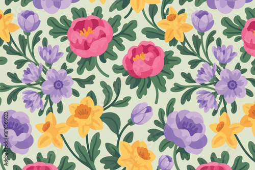 Wallpaper Mural A seamless pattern featuring pink peonies, purple anemones, and yellow daffodils with green leaves Torontodigital.ca