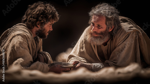 Exhausted Esau sits on the ground, bowl in hand, handing his birthright to focused Jacob. Firelight warms Esau’s rugged face and tangled red beard amid earthy tones...