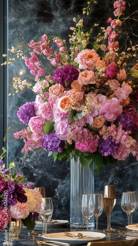 Beautiful Floral Arrangement Brightens Elegant Dining Table Setting in Modern...