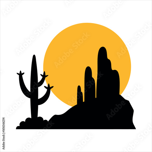 Bright Sun Over Desert Rocks and Cactus with Harsh Light silhouette Art Vector illustration
