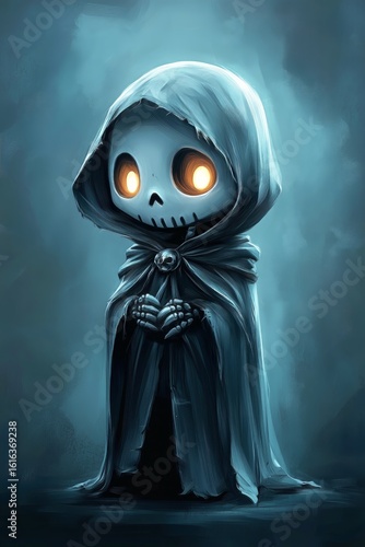 Mysterious Figure With Glowing Eyes in Dark Cloak Standing Alone in an Eerie ...