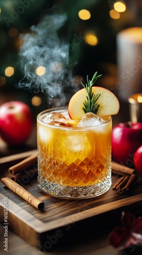 Cozy Autumn Cocktail With Fresh Apple Slices and Herbs in a Crystal Glass on ...