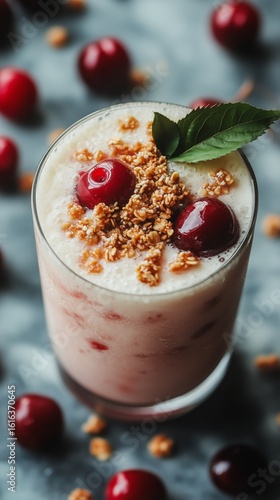 Delicious Cherry Smoothie With Granola Topping in a Glass on a Marble Surface