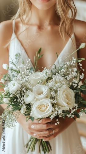 Romantic Bridal Bouquet of White Roses and Greenery in Elegant Setting