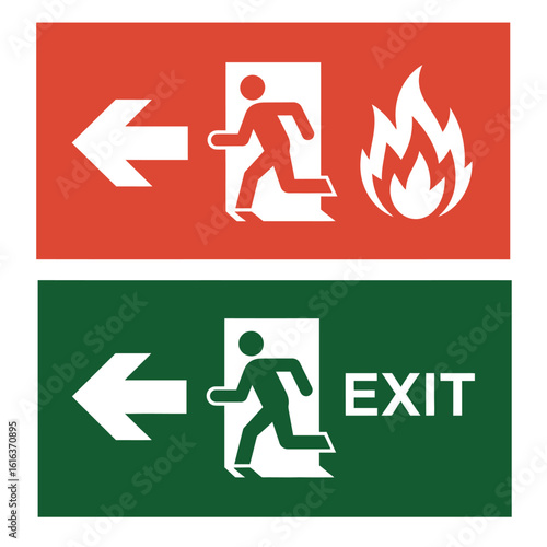 Red and green fire exit signs with running man and arrow indicators