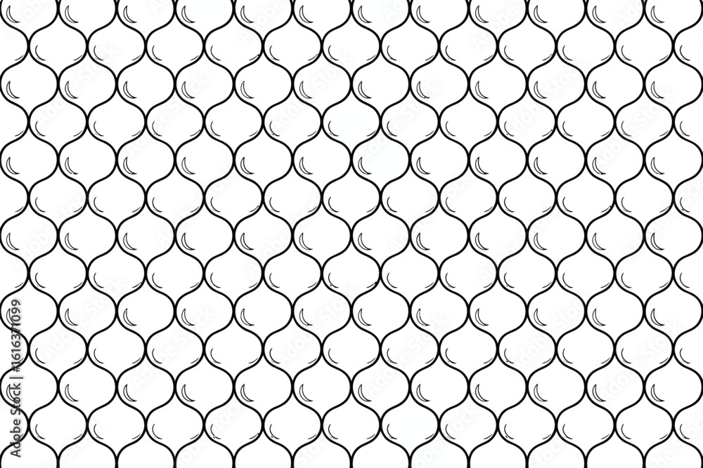 Naklejka premium A repeating pattern of black outlined bulbous shapes with crescent highlights on a white background