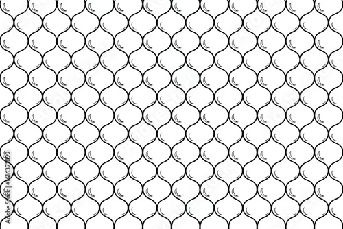 A repeating pattern of black outlined bulbous shapes with crescent highlights on a white background