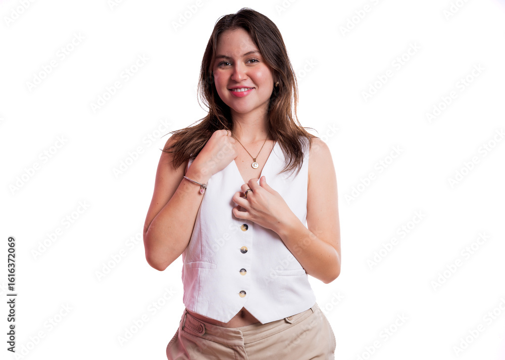 Fototapeta premium Studio Portrait of Young Woman with Natural Look and Sleeveless Blouse